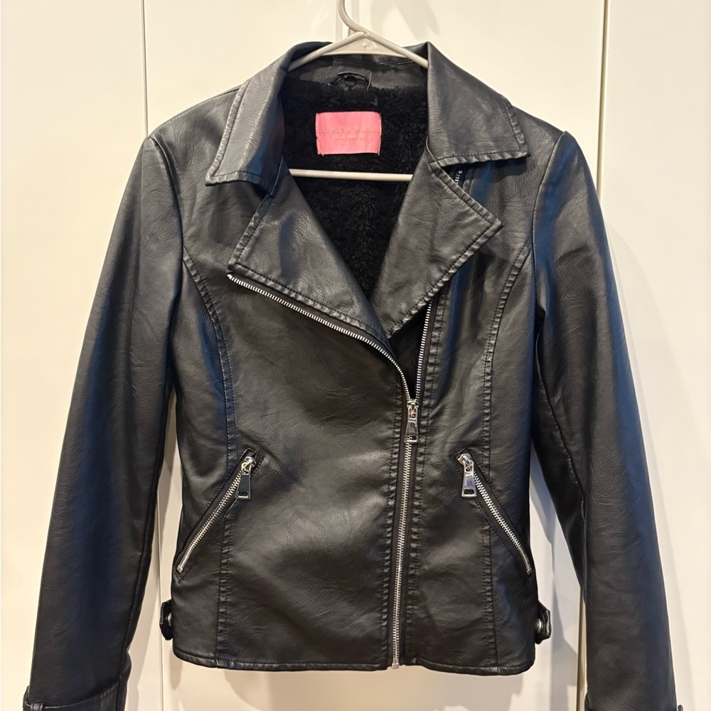 Black Leather Moto Jacket with Asymmetrical Zipper